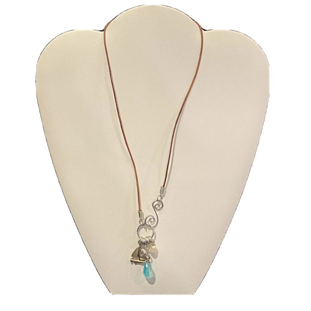 Nautical Drop Necklace Leather Cord Aluminum Fresh Water Pearl Boho Handmade